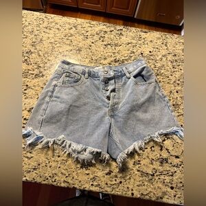 By Together Light Wash Button-Front Frayed Hem Denim Shorts